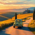 Scenic winding road through rolling Tuscan hills with cypress trees