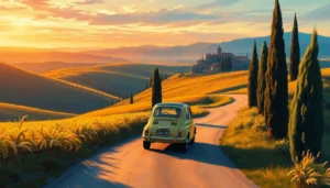Scenic winding road through rolling Tuscan hills with cypress trees