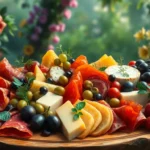 Colorful antipasto board with Italian meats, cheeses, olives, and vegetables arranged on wooden platter