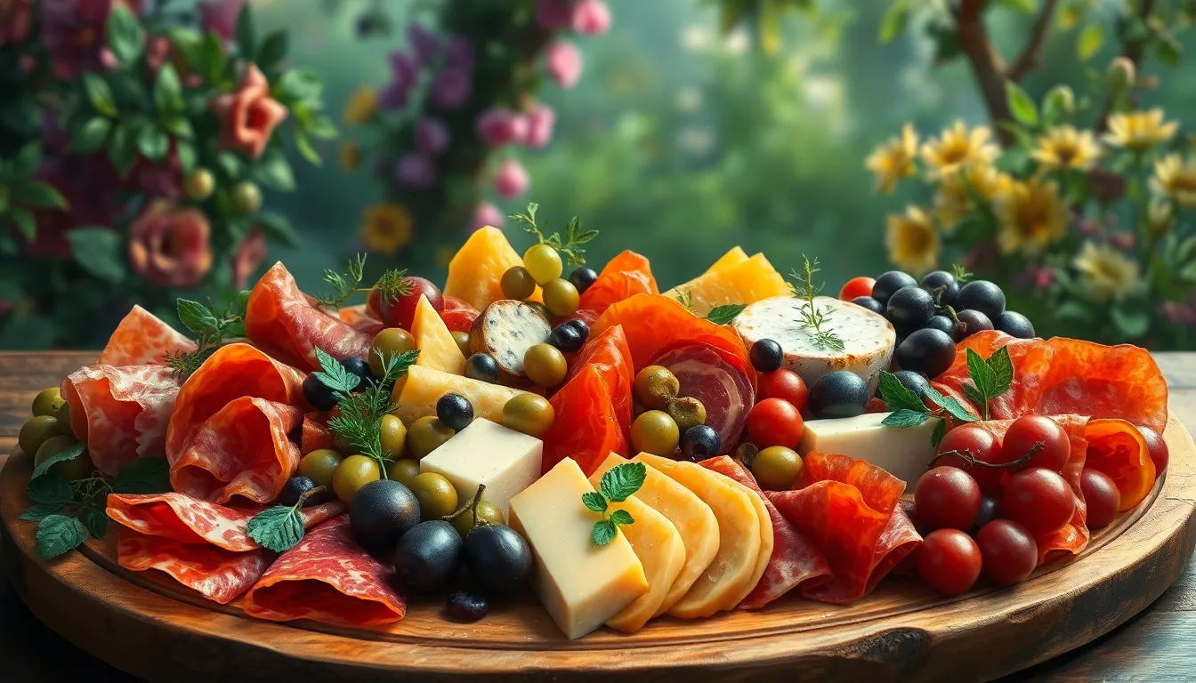 Colorful antipasto board with Italian meats, cheeses, olives, and vegetables arranged on wooden platter