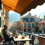 Traveler relaxing at outdoor cafe in local neighborhood embracing slow travel philosophy