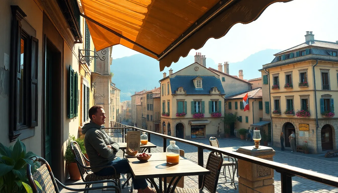 Traveler relaxing at outdoor cafe in local neighborhood embracing slow travel philosophy