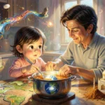 Parent and child cooking international cuisine together in kitchen