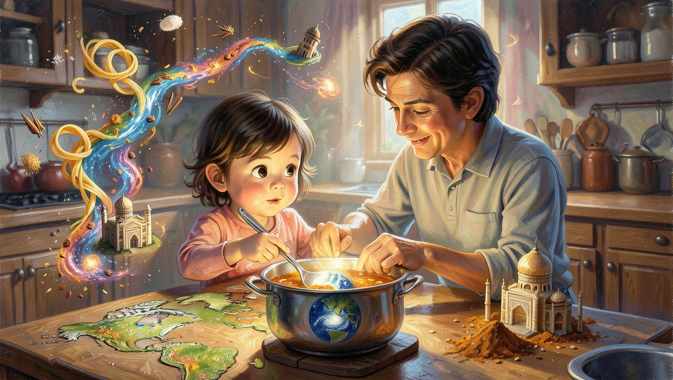 Parent and child cooking international cuisine together in kitchen