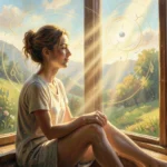 Person standing by open window with natural sunlight streaming in
