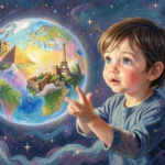 Child exploring colorful world map with hands touching different countries