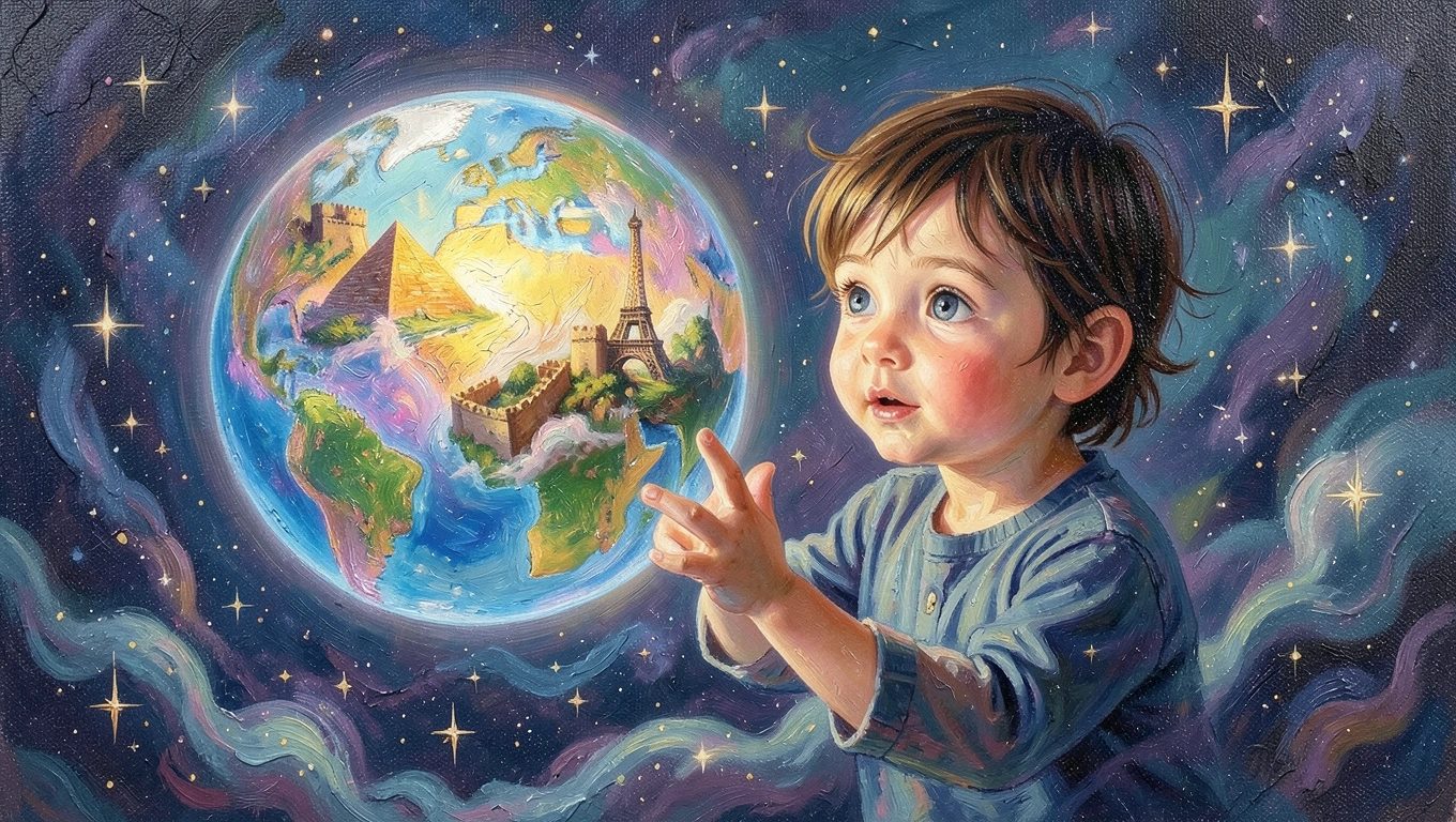 Child exploring colorful world map with hands touching different countries