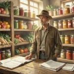 Small farm shop interior with fresh produce displays and inventory tracking system