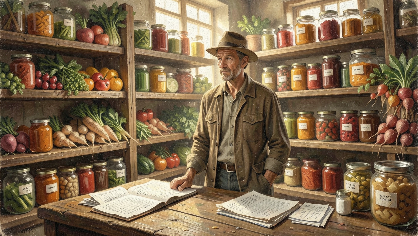 Small farm shop interior with fresh produce displays and inventory tracking system