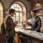 Italian espresso being served at traditional coffee bar counter