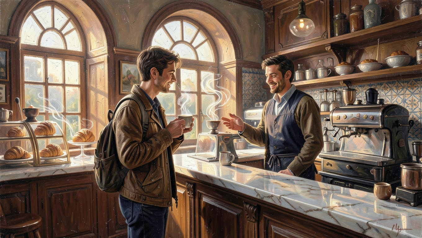 Italian espresso being served at traditional coffee bar counter