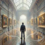 Visitors walking through spacious art museum gallery with paintings