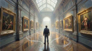 Visitors walking through spacious art museum gallery with paintings