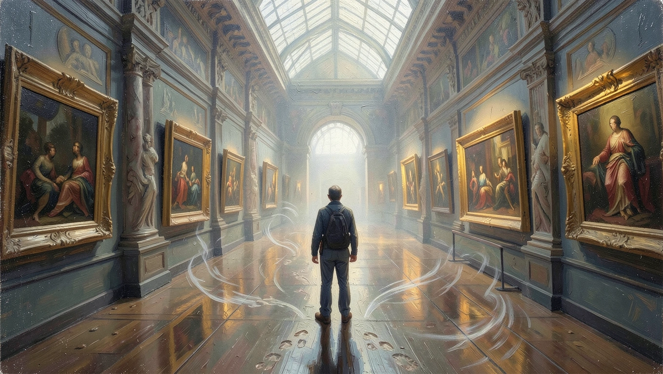 Visitors walking through spacious art museum gallery with paintings